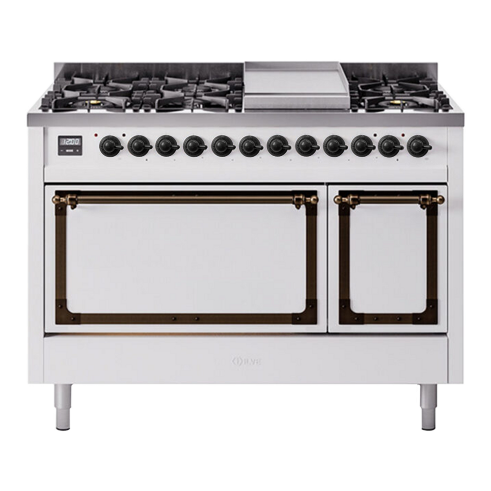 ILVE Nostalgie II Noblesse 48" White Dual Fuel Range with 8 Burners and Griddle Solid Door Natural Gas