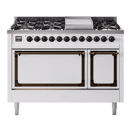 ILVE Nostalgie II Noblesse 48" White Dual Fuel Range with 8 Burners and Griddle Solid Door Natural Gas
