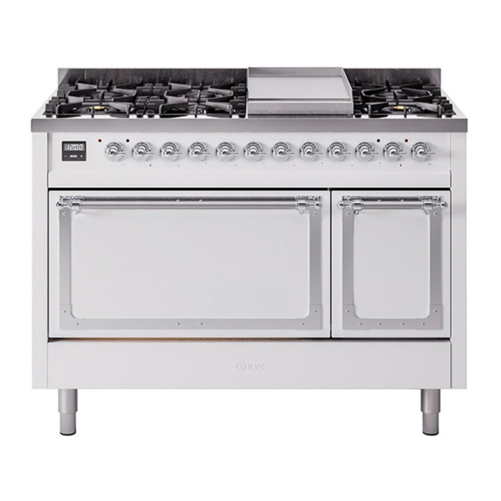 ILVE Nostalgie II Noblesse 48" White Dual Fuel Range with 8 Burners and Griddle Solid Door Natural Gas