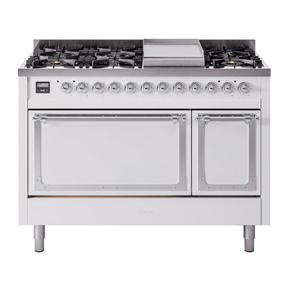 ILVE Nostalgie II Noblesse 48" White Dual Fuel Range with 8 Burners and Griddle Solid Door Natural Gas