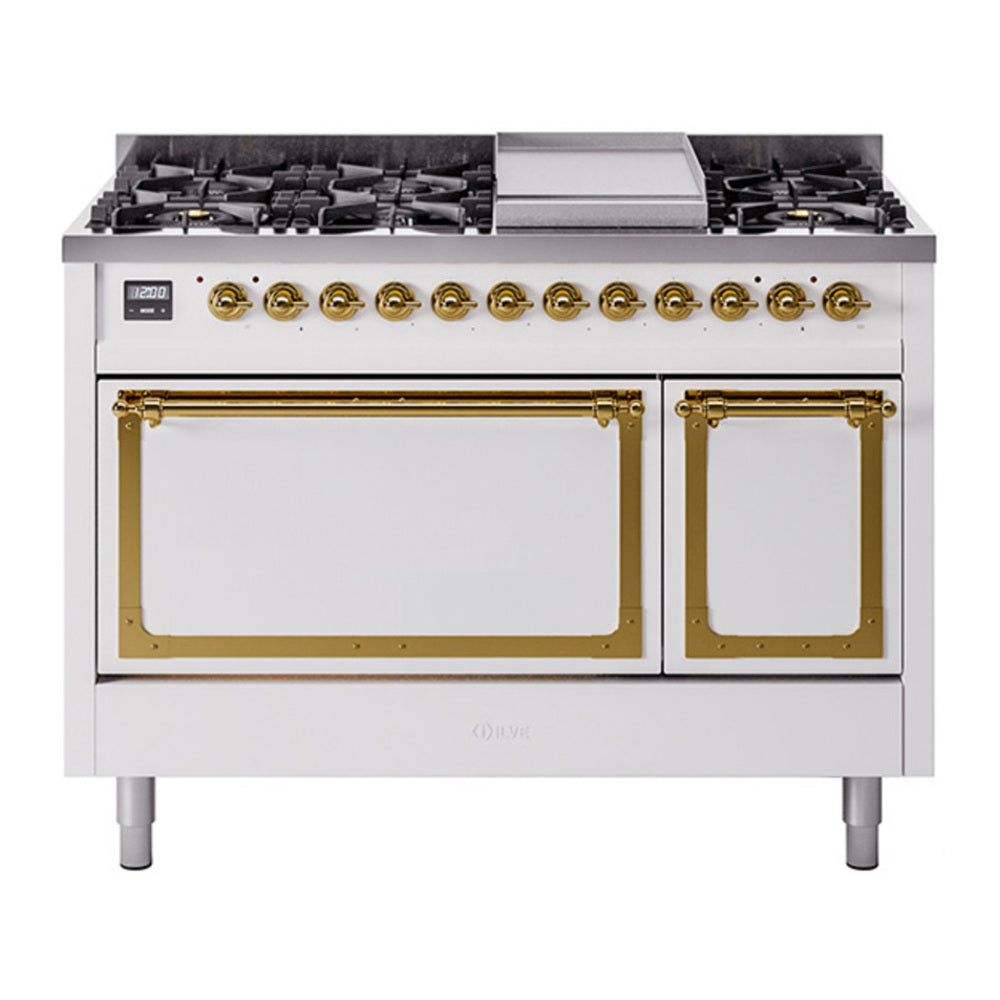 ILVE Nostalgie II Noblesse 48" White Dual Fuel Range with 8 Burners and Griddle Solid Door Natural Gas