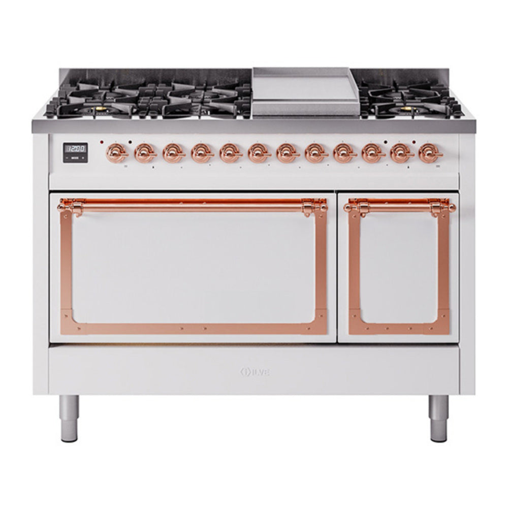 ILVE Nostalgie II Noblesse 48" White Dual Fuel Range with 8 Burners and Griddle Solid Door Natural Gas