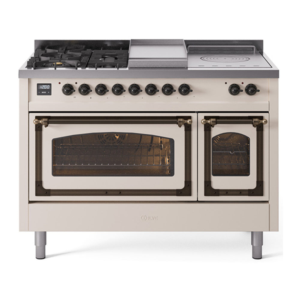 ILVE Nostalgie II Noblesse 48" Antique White Dual Fuel Range with 5 Burners, Griddle and French Top Triple Glass Door Natural Gas