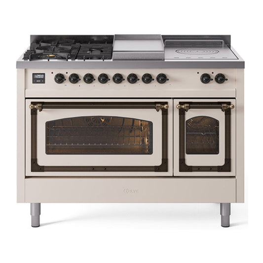 ILVE Nostalgie II Noblesse 48" Antique White Dual Fuel Range with 5 Burners, Griddle and French Top Triple Glass Door Natural Gas
