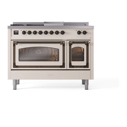 ILVE Nostalgie II Noblesse 48" Antique White Dual Fuel Range with 5 Burners, Griddle and French Top Triple Glass Door Natural Gas