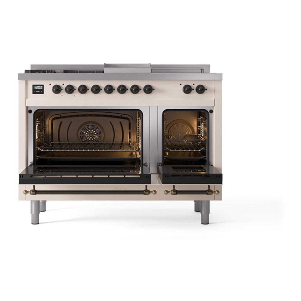 ILVE Nostalgie II Noblesse 48" Antique White Dual Fuel Range with 5 Burners, Griddle and French Top Triple Glass Door Natural Gas