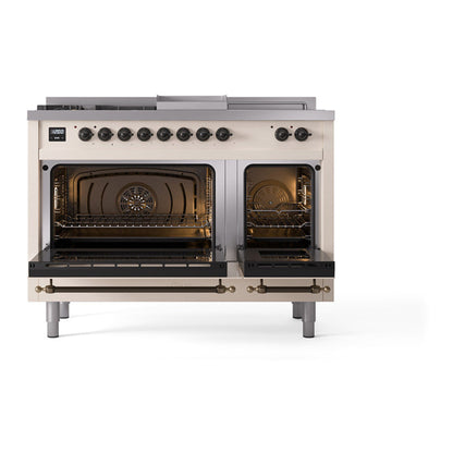 ILVE Nostalgie II Noblesse 48" Antique White Dual Fuel Range with 5 Burners, Griddle and French Top Triple Glass Door Natural Gas