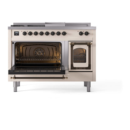 ILVE Nostalgie II Noblesse 48" Antique White Dual Fuel Range with 5 Burners, Griddle and French Top Triple Glass Door Natural Gas