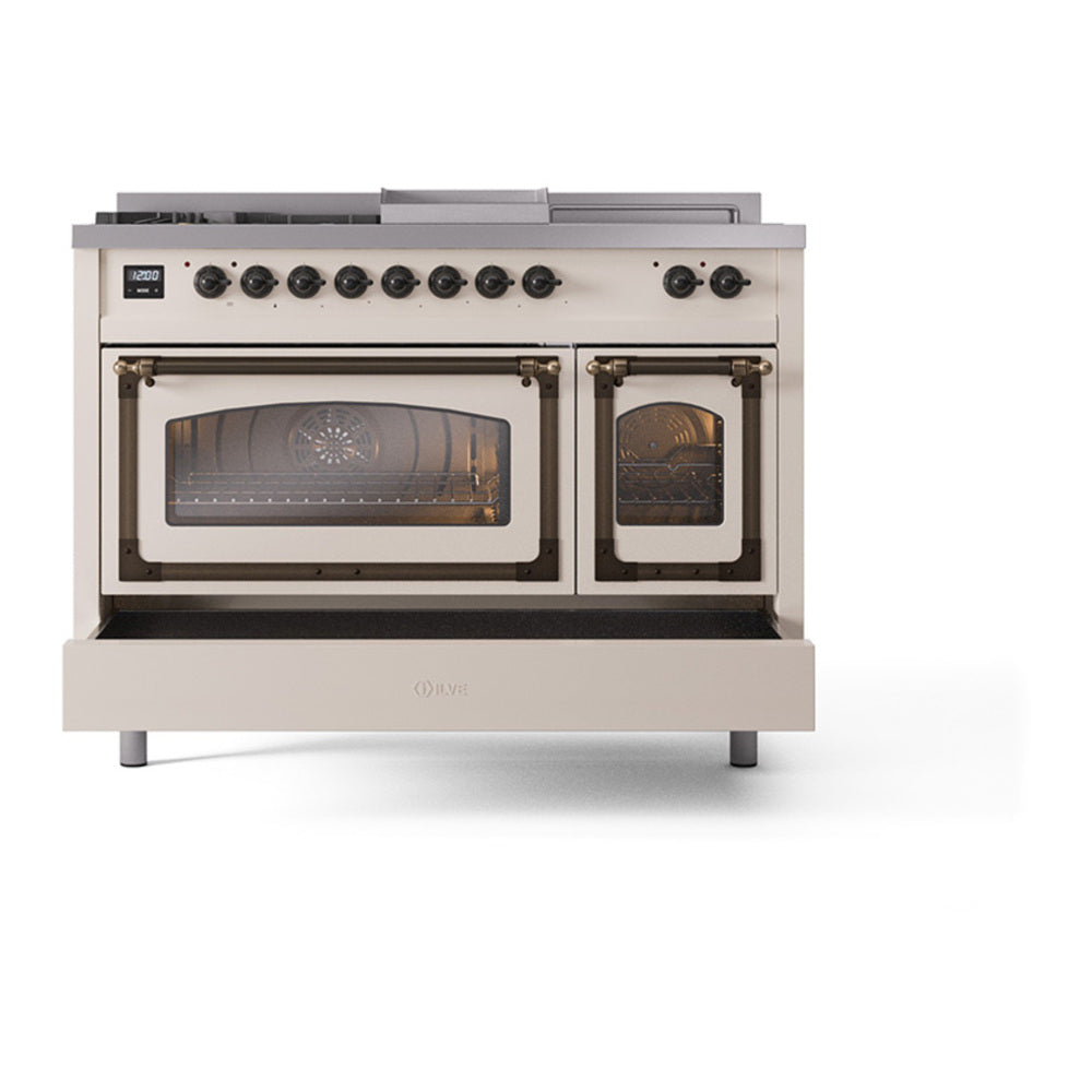 ILVE Nostalgie II Noblesse 48" Antique White Dual Fuel Range with 5 Burners, Griddle and French Top Triple Glass Door Natural Gas