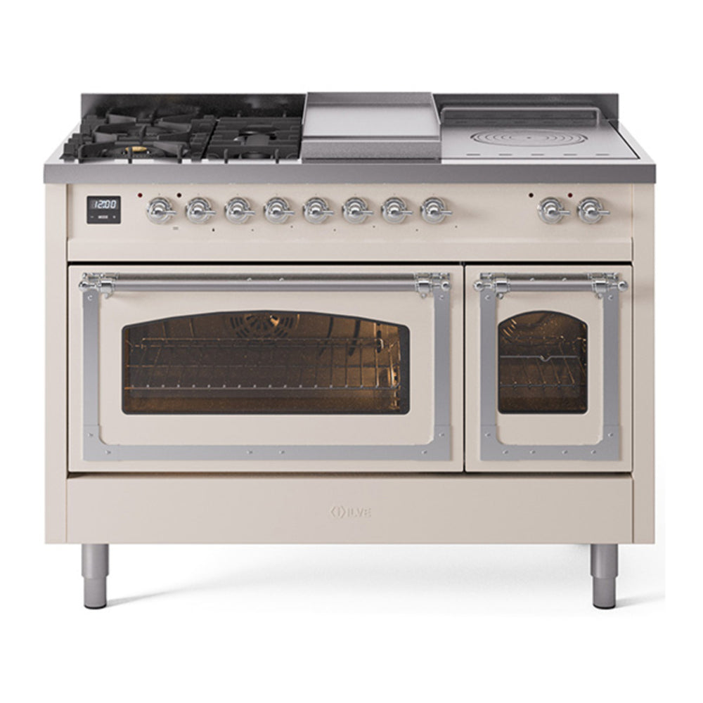 ILVE Nostalgie II Noblesse 48" Antique White Dual Fuel Range with 5 Burners, Griddle and French Top Triple Glass Door Natural Gas