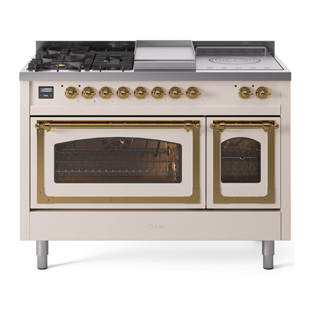 ILVE Nostalgie II Noblesse 48" Antique White Dual Fuel Range with 5 Burners, Griddle and French Top Triple Glass Door Natural Gas