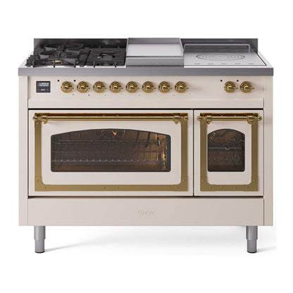 ILVE Nostalgie II Noblesse 48" Antique White Dual Fuel Range with 5 Burners, Griddle and French Top Triple Glass Door Natural Gas
