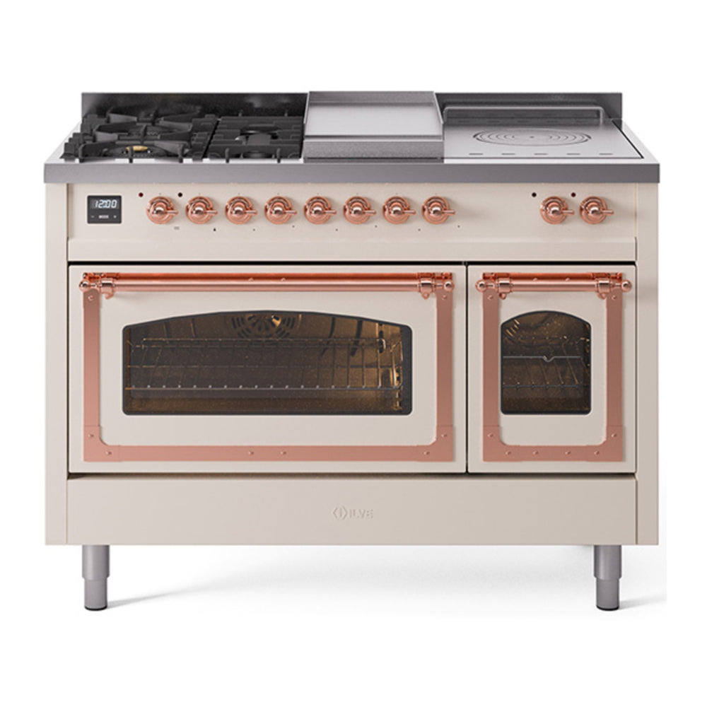 ILVE Nostalgie II Noblesse 48" Antique White Dual Fuel Range with 5 Burners, Griddle and French Top Triple Glass Door Natural Gas