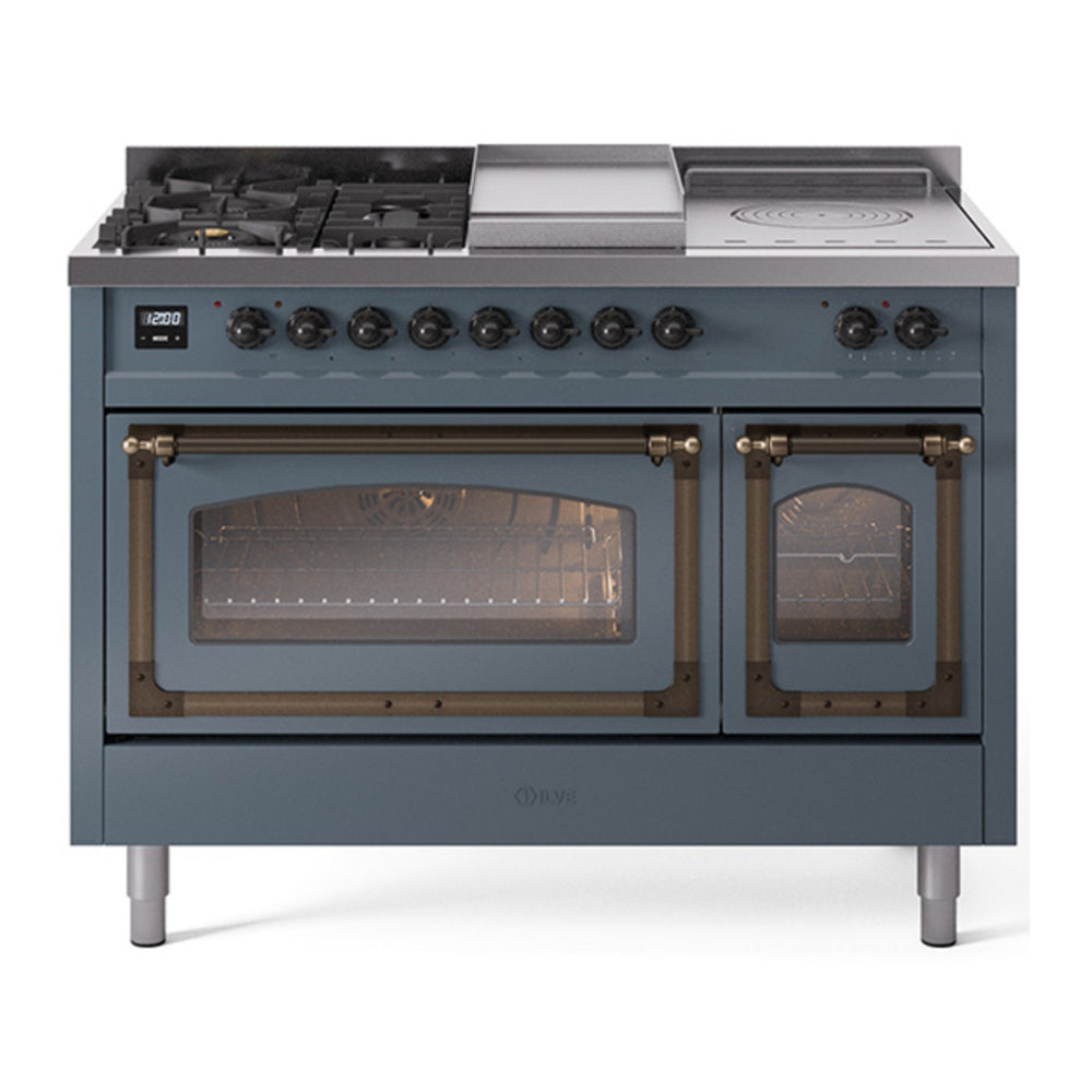 ILVE Nostalgie II Noblesse 48" Blue Grey Dual Fuel Range with 5 Burners, Griddle and French Top Triple Glass Door Natural Gas