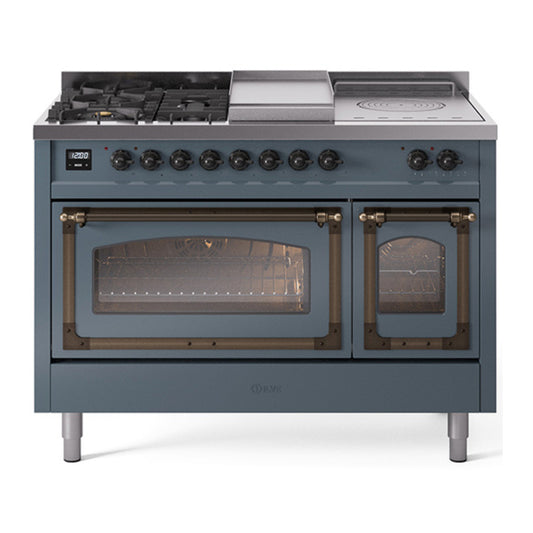 ILVE Nostalgie II Noblesse 48" Blue Grey Dual Fuel Range with 5 Burners, Griddle and French Top Triple Glass Door Natural Gas