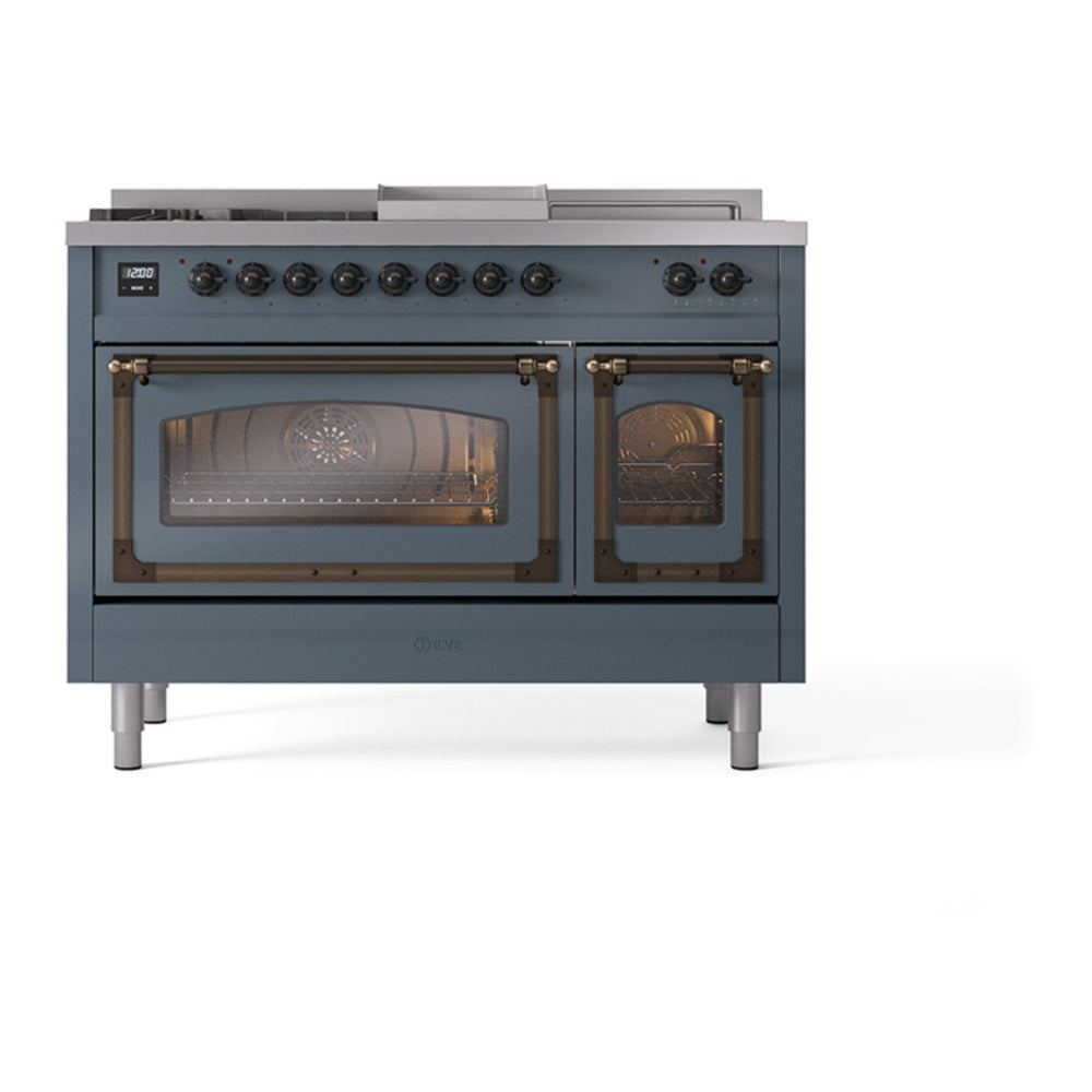ILVE Nostalgie II Noblesse 48" Blue Grey Dual Fuel Range with 5 Burners, Griddle and French Top Triple Glass Door Natural Gas