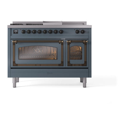 ILVE Nostalgie II Noblesse 48" Blue Grey Dual Fuel Range with 5 Burners, Griddle and French Top Triple Glass Door Natural Gas