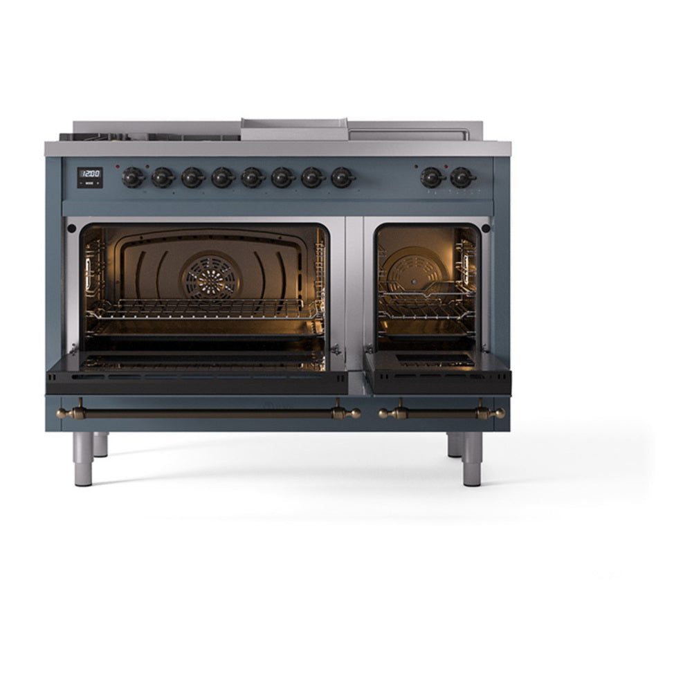 ILVE Nostalgie II Noblesse 48" Blue Grey Dual Fuel Range with 5 Burners, Griddle and French Top Triple Glass Door Natural Gas