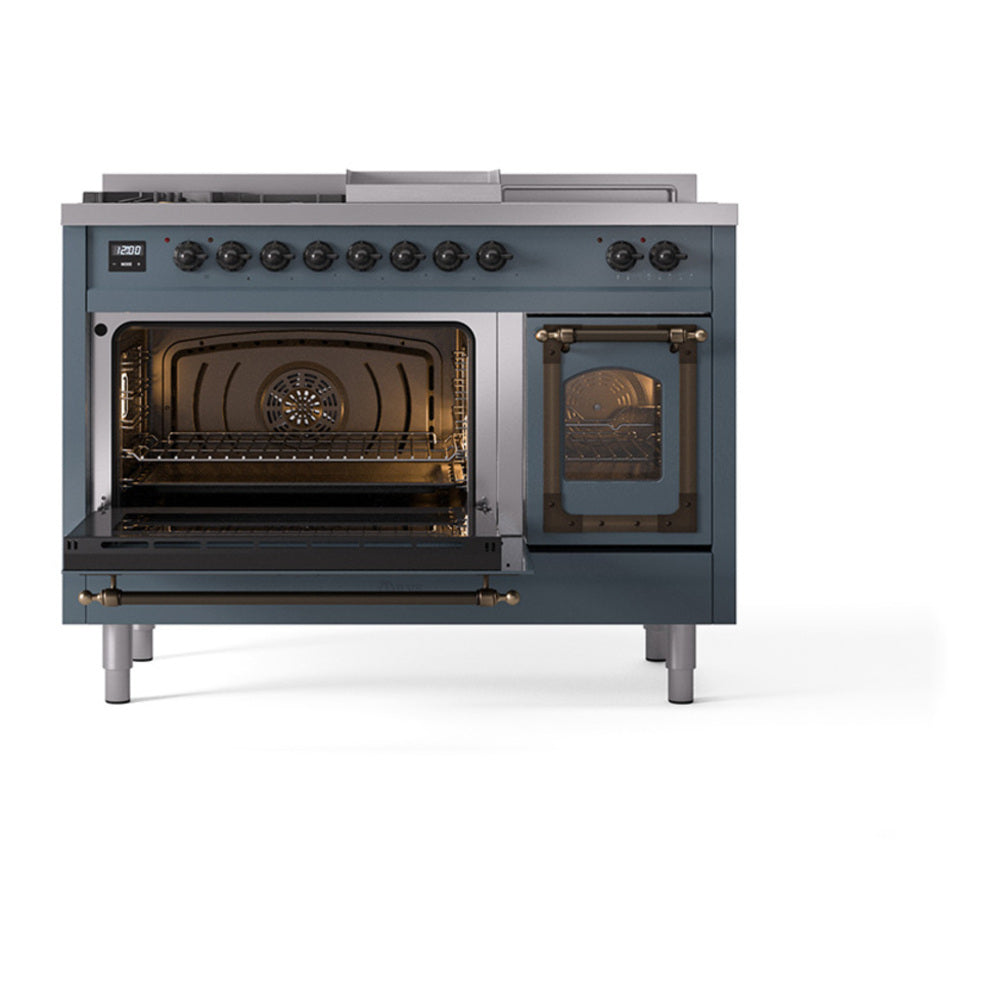 ILVE Nostalgie II Noblesse 48" Blue Grey Dual Fuel Range with 5 Burners, Griddle and French Top Triple Glass Door Natural Gas