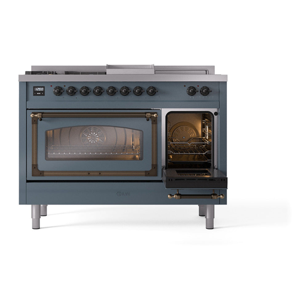 ILVE Nostalgie II Noblesse 48" Blue Grey Dual Fuel Range with 5 Burners, Griddle and French Top Triple Glass Door Natural Gas