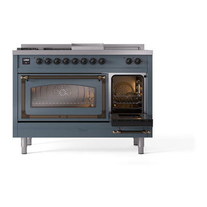 ILVE Nostalgie II Noblesse 48" Blue Grey Dual Fuel Range with 5 Burners, Griddle and French Top Triple Glass Door Natural Gas