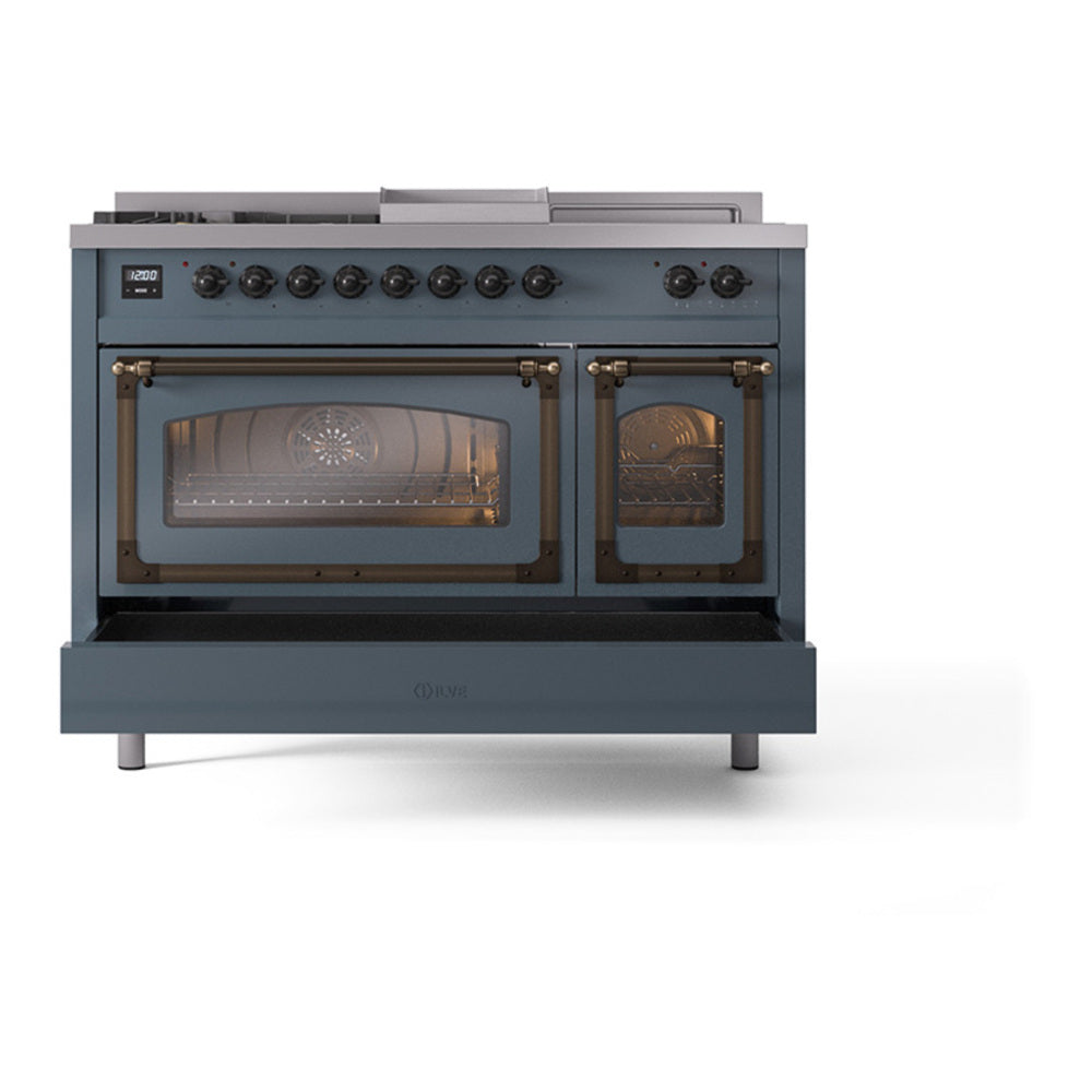 ILVE Nostalgie II Noblesse 48" Blue Grey Dual Fuel Range with 5 Burners, Griddle and French Top Triple Glass Door Natural Gas