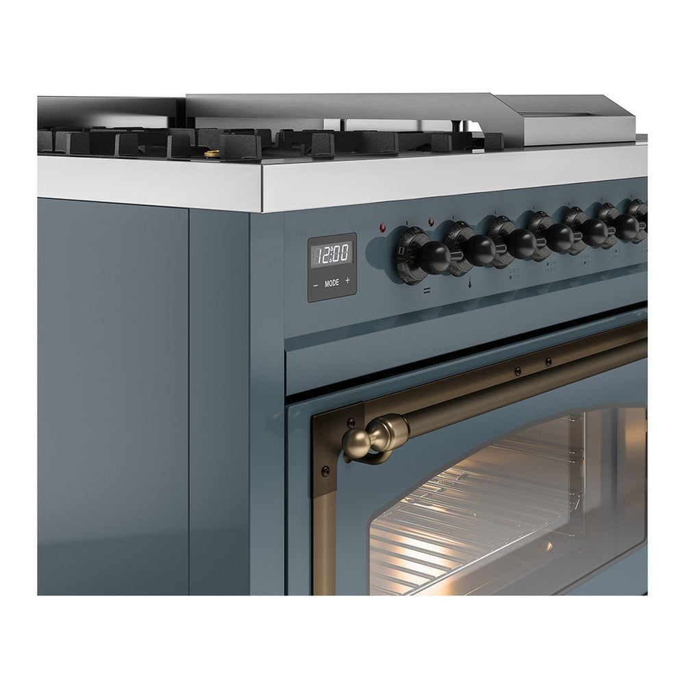 ILVE Nostalgie II Noblesse 48" Blue Grey Dual Fuel Range with 5 Burners, Griddle and French Top Triple Glass Door Natural Gas
