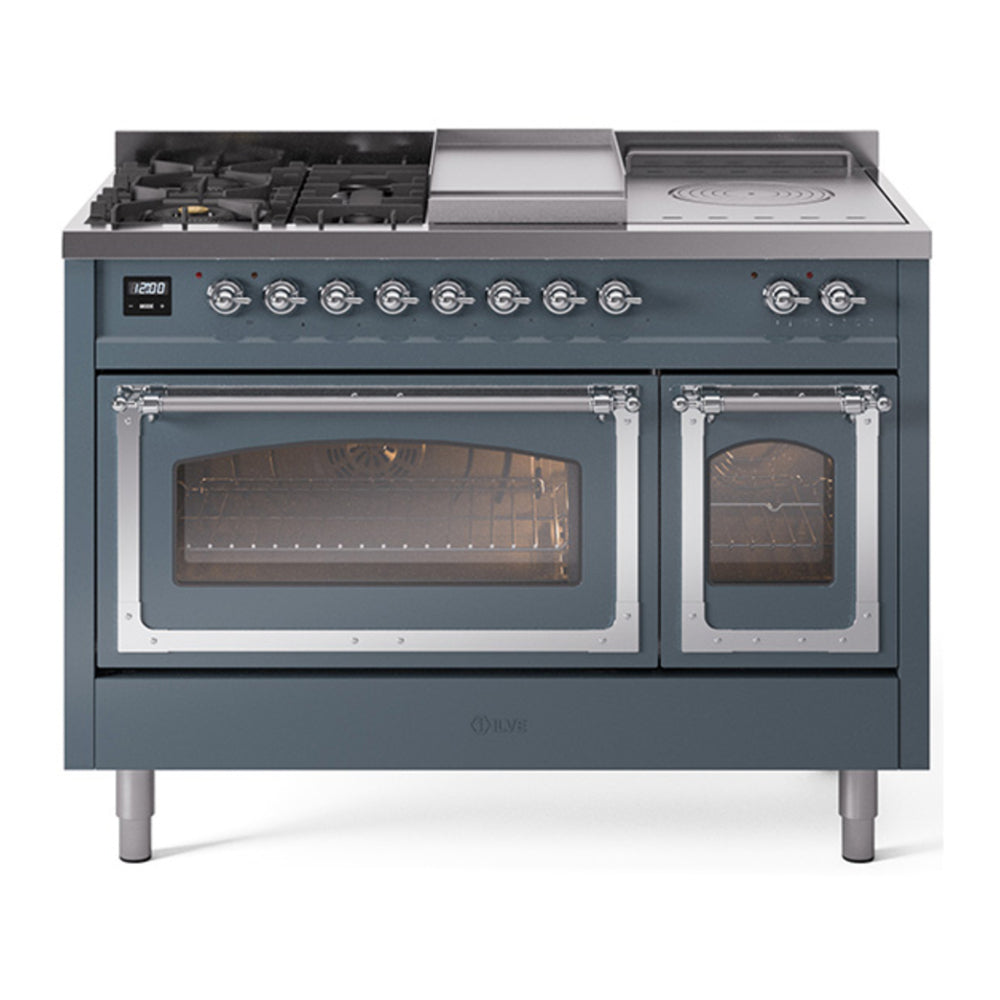 ILVE Nostalgie II Noblesse 48" Blue Grey Dual Fuel Range with 5 Burners, Griddle and French Top Triple Glass Door Natural Gas
