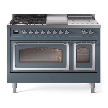 ILVE Nostalgie II Noblesse 48" Blue Grey Dual Fuel Range with 5 Burners, Griddle and French Top Triple Glass Door Natural Gas