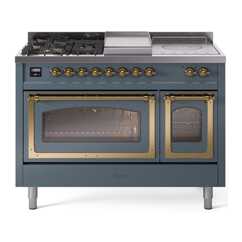 ILVE Nostalgie II Noblesse 48" Blue Grey Dual Fuel Range with 5 Burners, Griddle and French Top Triple Glass Door Natural Gas