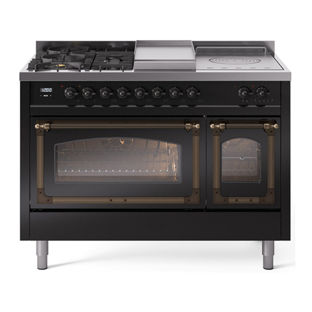 ILVE Nostalgie II Noblesse 48" Glossy Black Dual Fuel Range with 5 Burners, Griddle and French Top Triple Glass Door Natural Gas