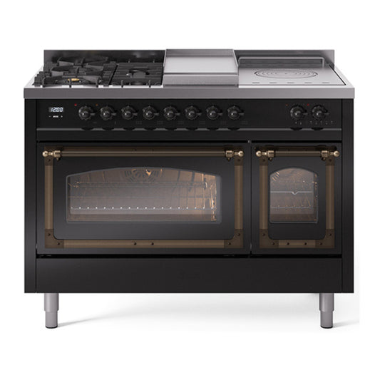 ILVE Nostalgie II Noblesse 48" Glossy Black Dual Fuel Range with 5 Burners, Griddle and French Top Triple Glass Door Natural Gas