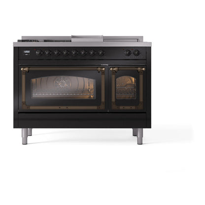 ILVE Nostalgie II Noblesse 48" Glossy Black Dual Fuel Range with 5 Burners, Griddle and French Top Triple Glass Door Natural Gas