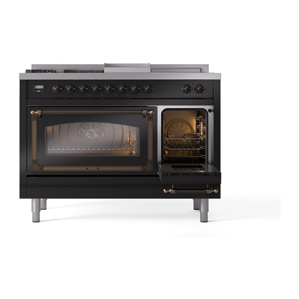 ILVE Nostalgie II Noblesse 48" Glossy Black Dual Fuel Range with 5 Burners, Griddle and French Top Triple Glass Door Natural Gas
