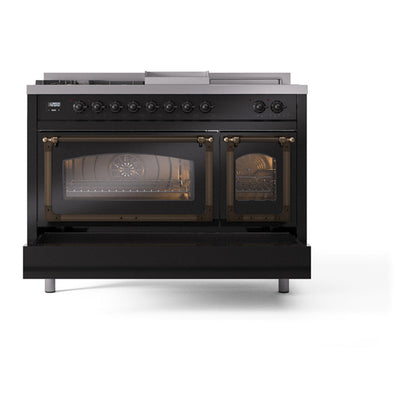 ILVE Nostalgie II Noblesse 48" Glossy Black Dual Fuel Range with 5 Burners, Griddle and French Top Triple Glass Door Natural Gas