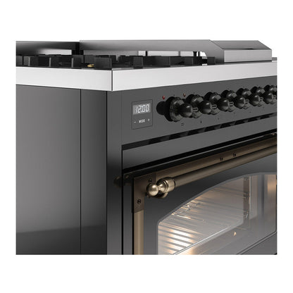 ILVE Nostalgie II Noblesse 48" Glossy Black Dual Fuel Range with 5 Burners, Griddle and French Top Triple Glass Door Natural Gas