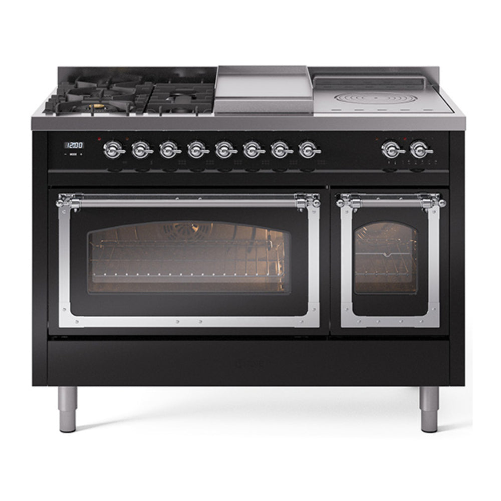 ILVE Nostalgie II Noblesse 48" Glossy Black Dual Fuel Range with 5 Burners, Griddle and French Top Triple Glass Door Natural Gas