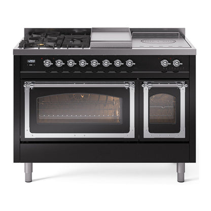 ILVE Nostalgie II Noblesse 48" Glossy Black Dual Fuel Range with 5 Burners, Griddle and French Top Triple Glass Door Natural Gas
