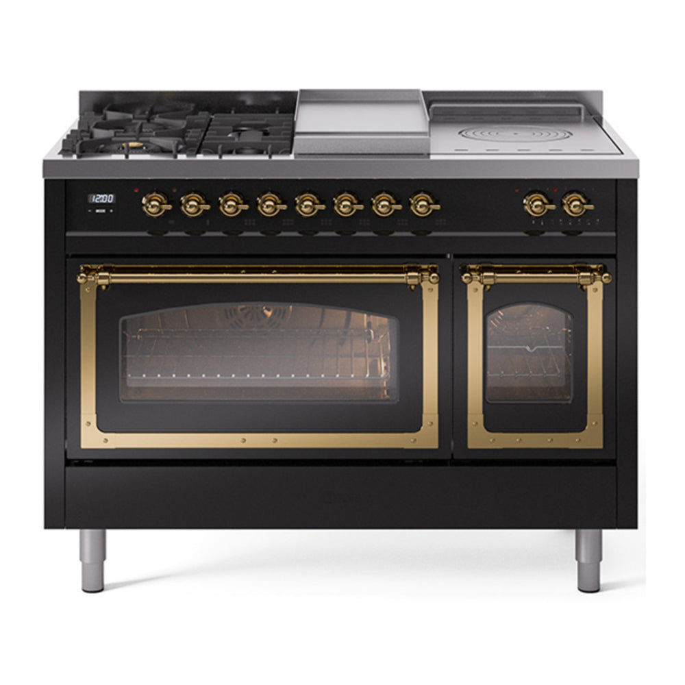 ILVE Nostalgie II Noblesse 48" Glossy Black Dual Fuel Range with 5 Burners, Griddle and French Top Triple Glass Door Natural Gas