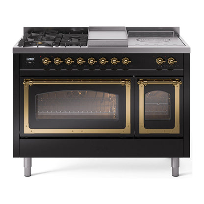ILVE Nostalgie II Noblesse 48" Glossy Black Dual Fuel Range with 5 Burners, Griddle and French Top Triple Glass Door Natural Gas