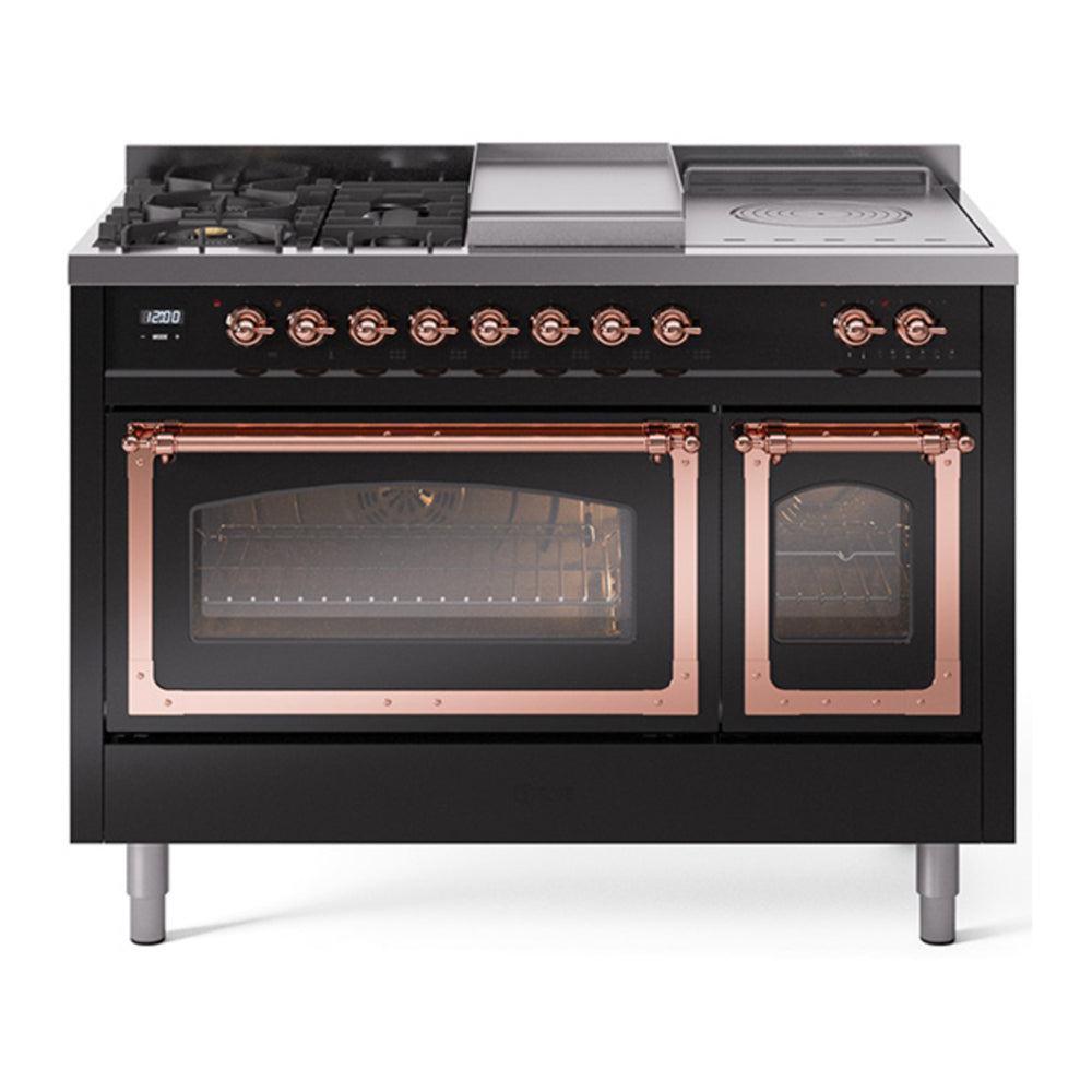 ILVE Nostalgie II Noblesse 48" Glossy Black Dual Fuel Range with 5 Burners, Griddle and French Top Triple Glass Door Natural Gas