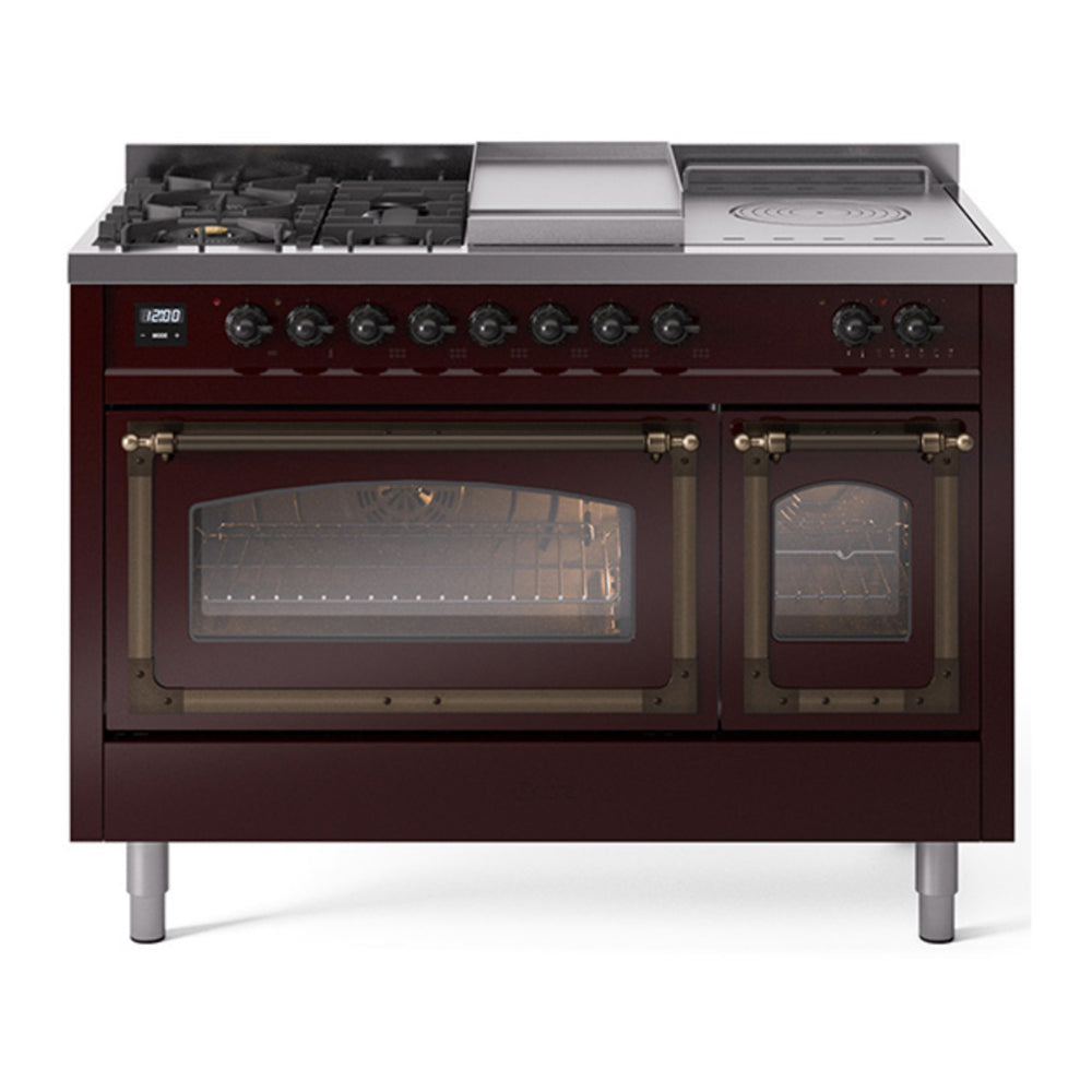ILVE Nostalgie II Noblesse 48" Burgundy Dual Fuel Range with 5 Burners, Griddle and French Top Triple Glass Door Natural Gas