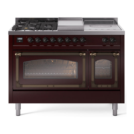 ILVE Nostalgie II Noblesse 48" Burgundy Dual Fuel Range with 5 Burners, Griddle and French Top Triple Glass Door Natural Gas