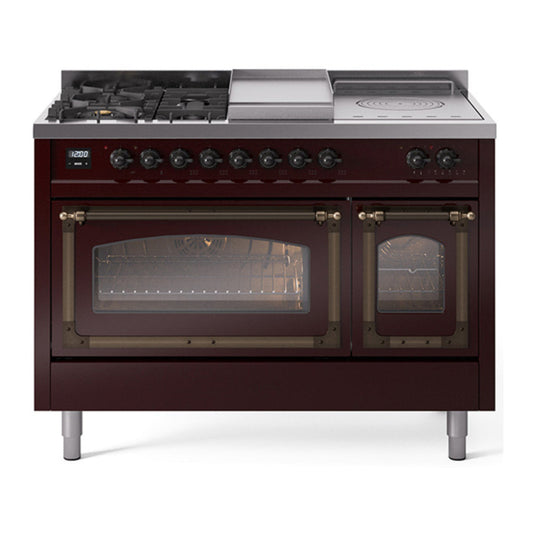 ILVE Nostalgie II Noblesse 48" Burgundy Dual Fuel Range with 5 Burners, Griddle and French Top Triple Glass Door Natural Gas