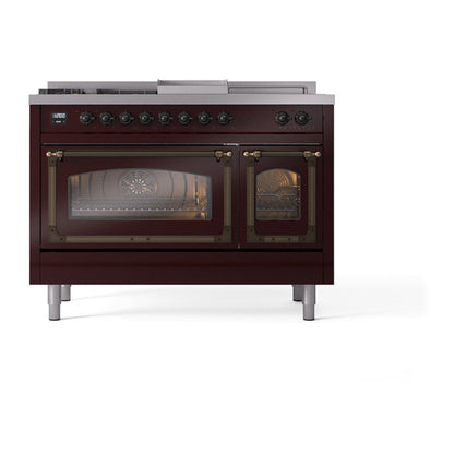 ILVE Nostalgie II Noblesse 48" Burgundy Dual Fuel Range with 5 Burners, Griddle and French Top Triple Glass Door Natural Gas