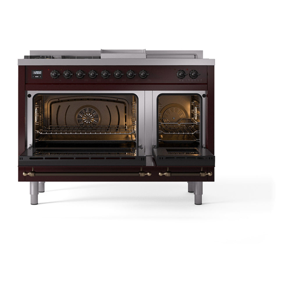 ILVE Nostalgie II Noblesse 48" Burgundy Dual Fuel Range with 5 Burners, Griddle and French Top Triple Glass Door Natural Gas