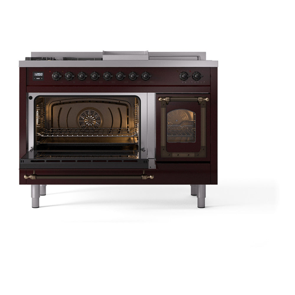ILVE Nostalgie II Noblesse 48" Burgundy Dual Fuel Range with 5 Burners, Griddle and French Top Triple Glass Door Natural Gas