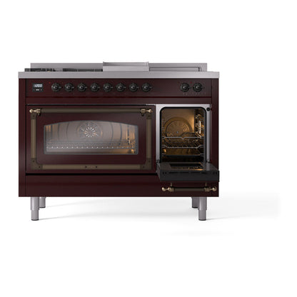 ILVE Nostalgie II Noblesse 48" Burgundy Dual Fuel Range with 5 Burners, Griddle and French Top Triple Glass Door Natural Gas