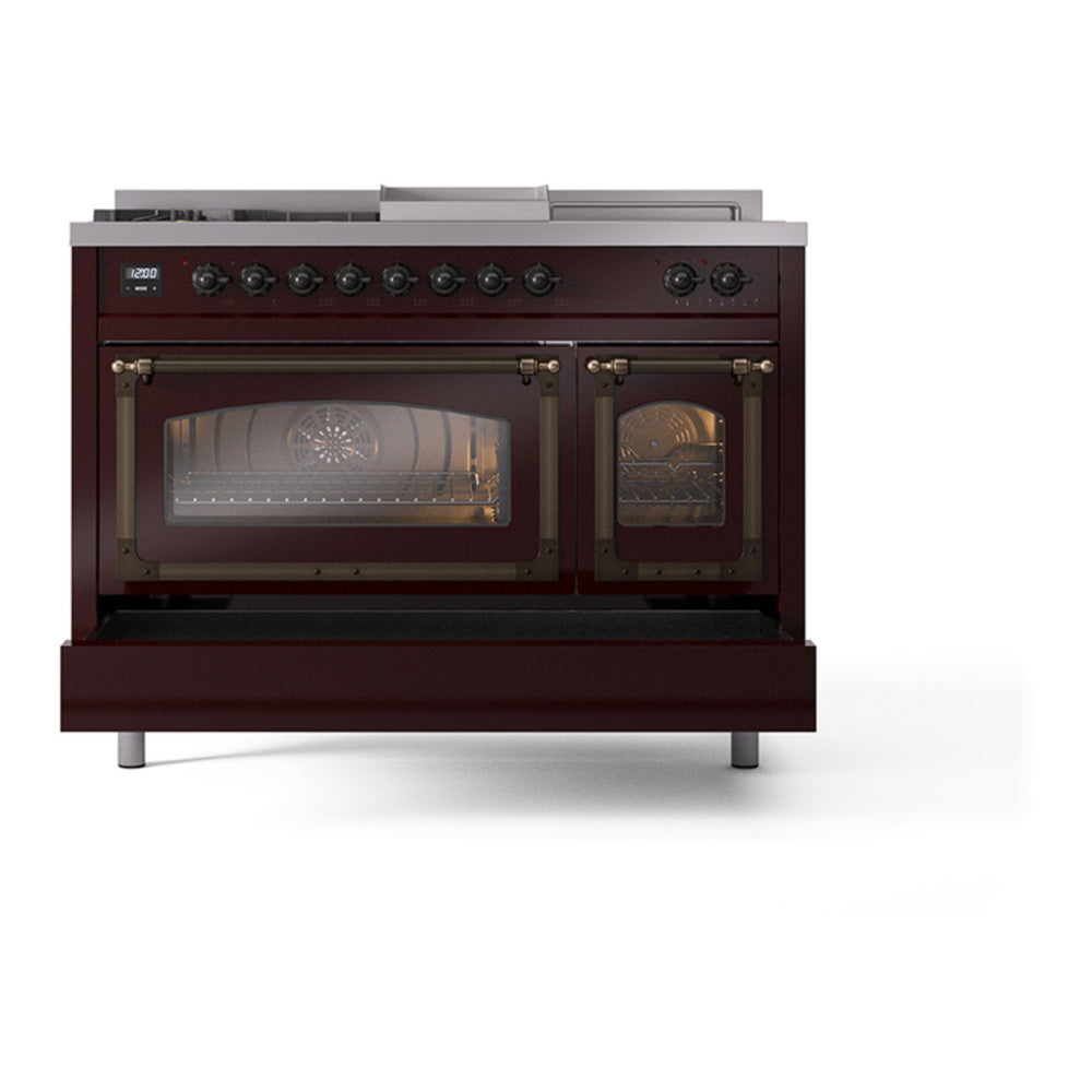 ILVE Nostalgie II Noblesse 48" Burgundy Dual Fuel Range with 5 Burners, Griddle and French Top Triple Glass Door Natural Gas