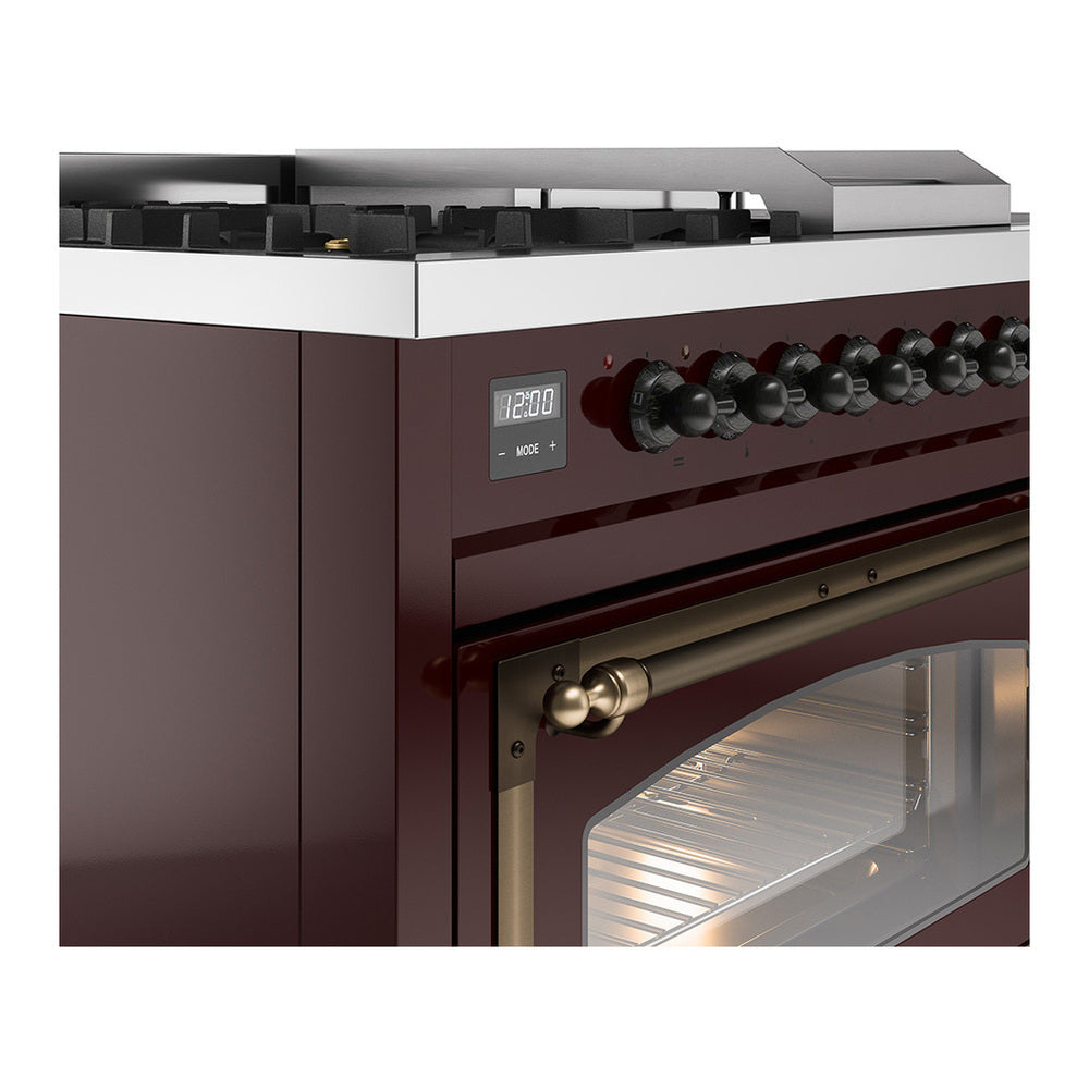 ILVE Nostalgie II Noblesse 48" Burgundy Dual Fuel Range with 5 Burners, Griddle and French Top Triple Glass Door Natural Gas